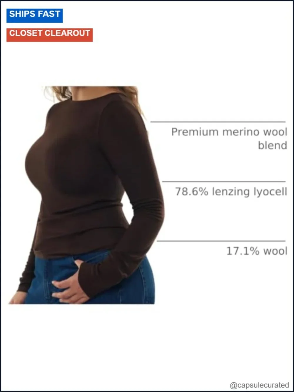 Merino Wool Blend Boat Neck Long Sleeve Fitted Tee